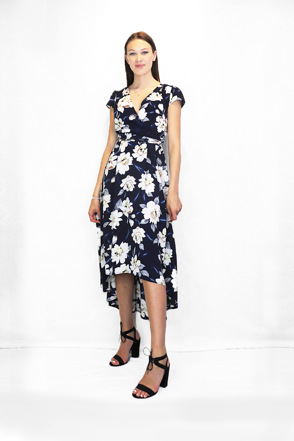 NAVY Floral Crepe High Low Wrap Look Dress