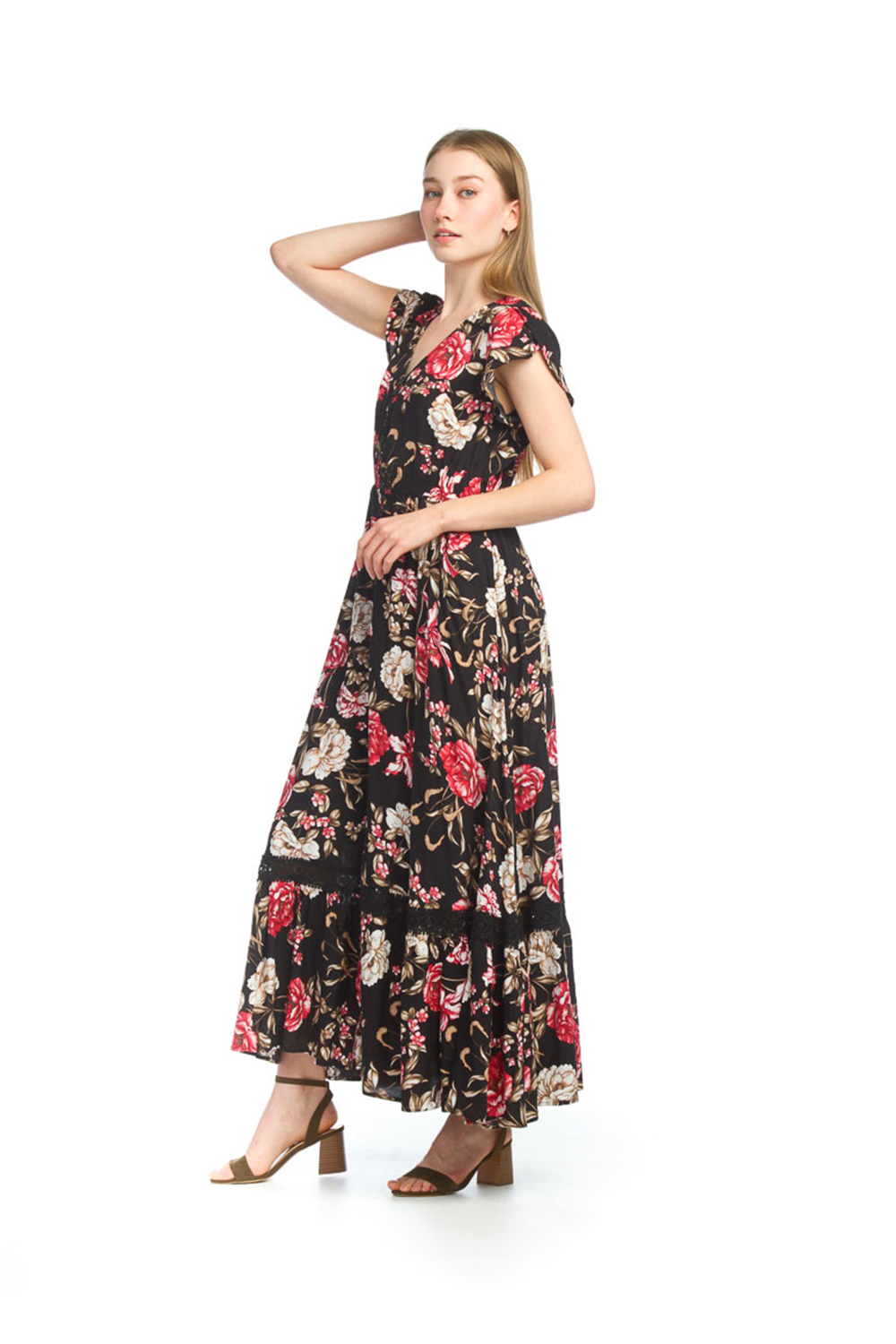 Button fashion front floral maxi dress