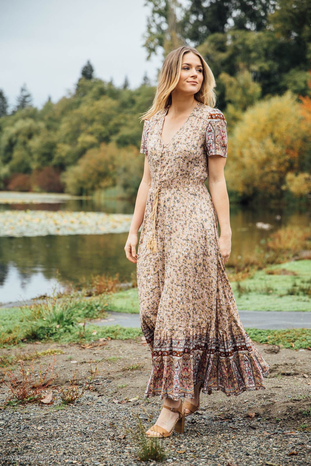 BEIGE Floral Short Sleeve Button Front Maxi