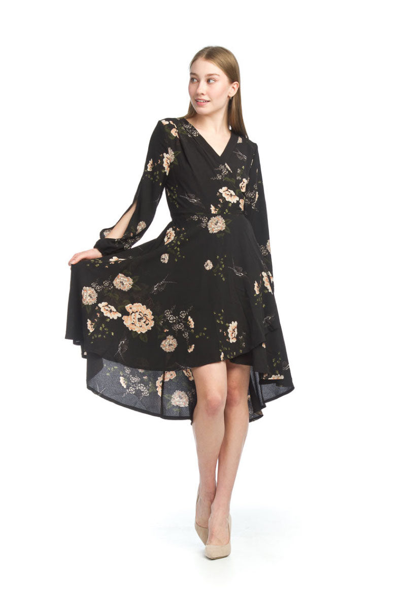 BLACK Floral Crepe Split Sleeve Wrap Dress – PAPILLON CLOTHING