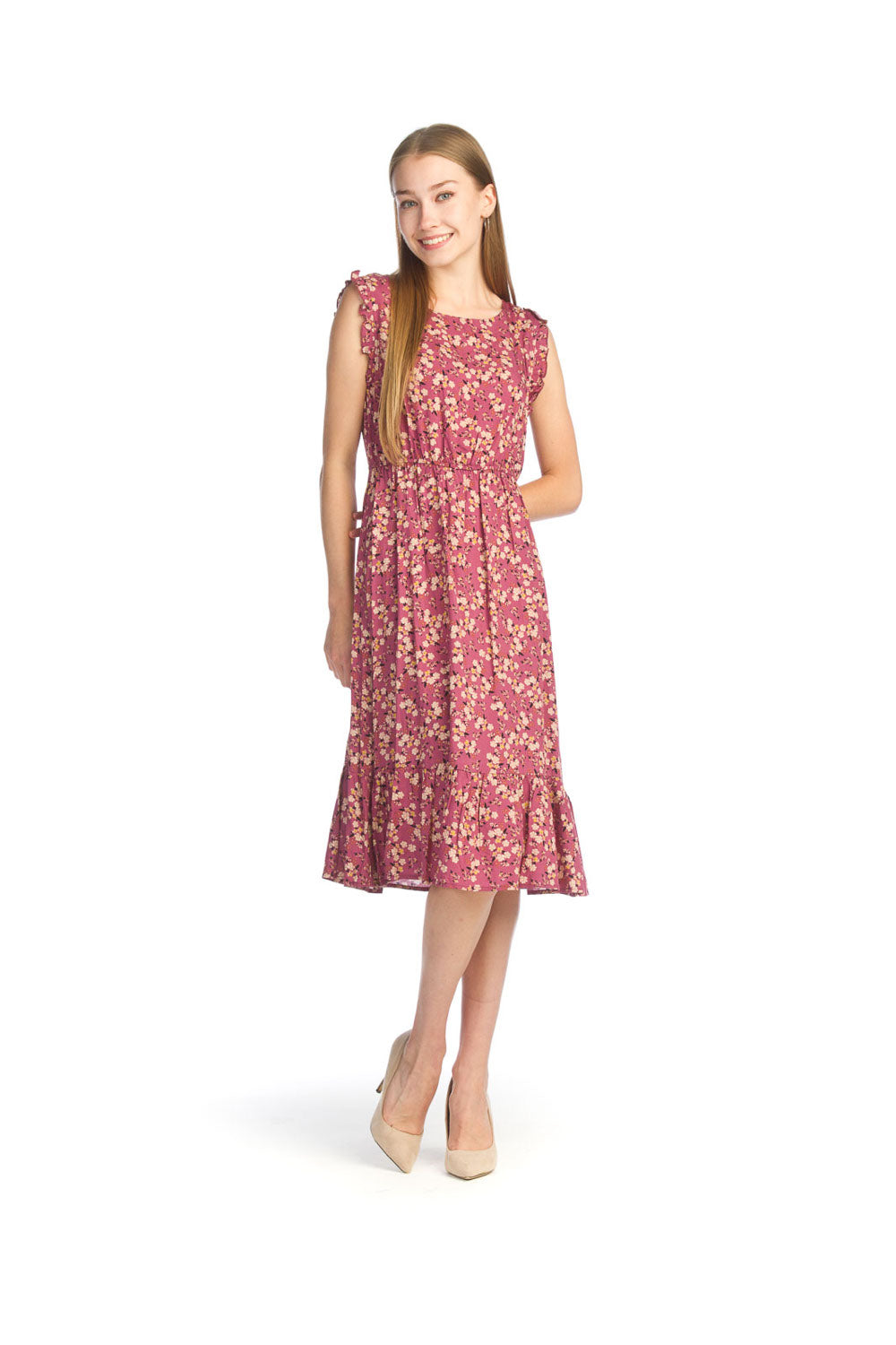 Mauve Floral Tiered Midi Dress with Ruffle Sleeves Mauve / M