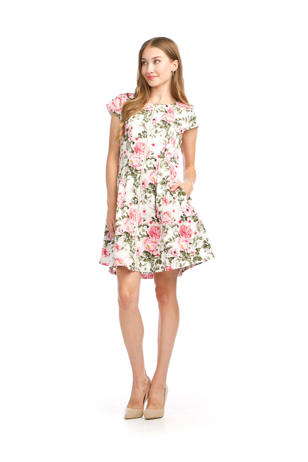 White Floral Print Zip Front Pleated Dress White / L