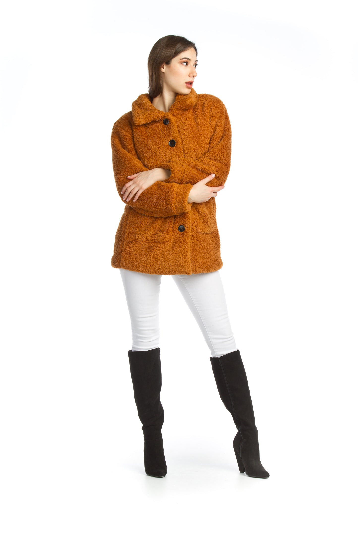 MUSTA Faux Fur Button Up Jacket with Pockets