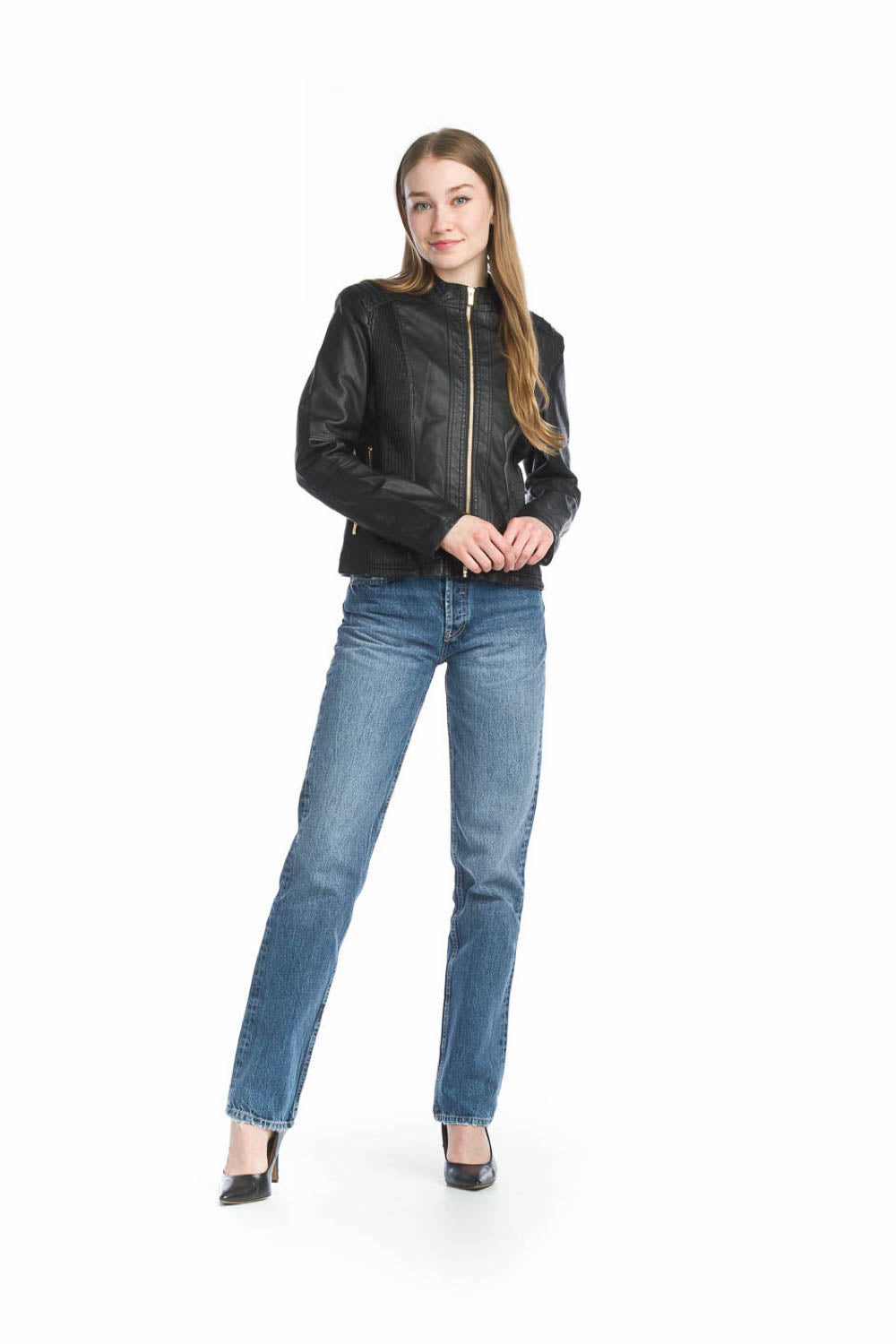 BROWN Faux Leather Jacket with Ribbing Detail