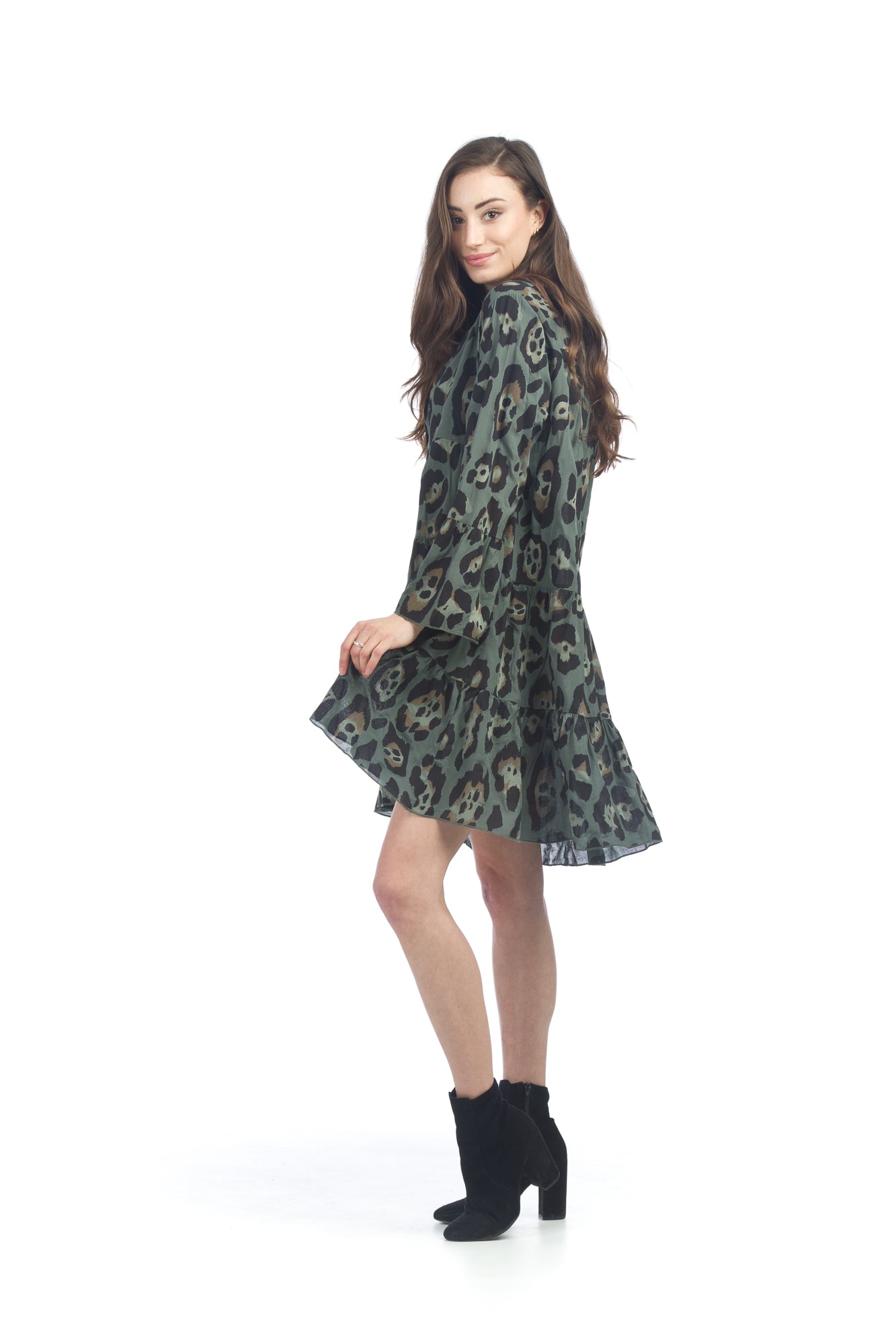 KHAKI Leopard Tiered Dress w Ruffle Sleeve Detail