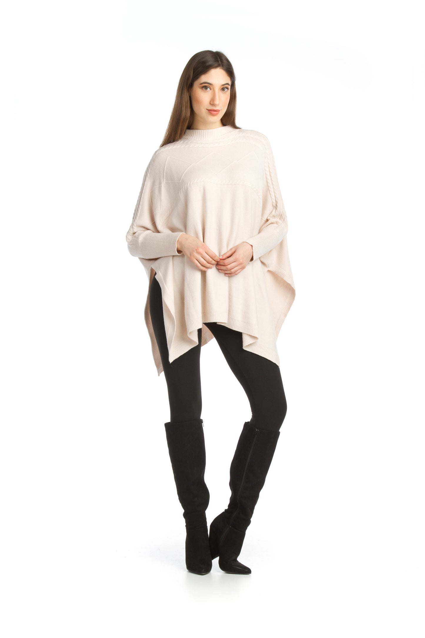 BLUSH Soft Stretchy Poncho Sweater w Cable Knit Design