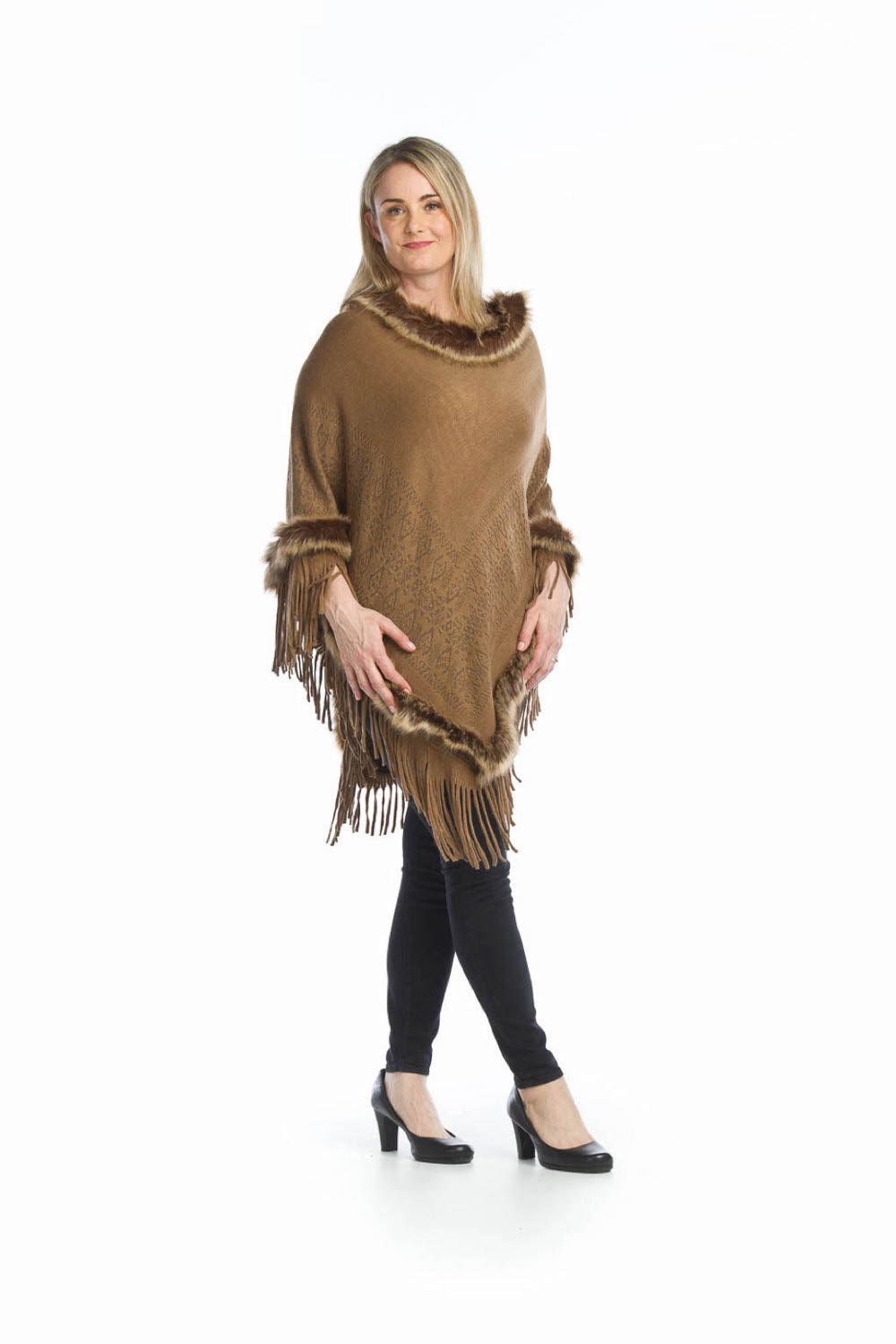 BROWN Fur Trimmed Poncho w Tassels & Embossed Design