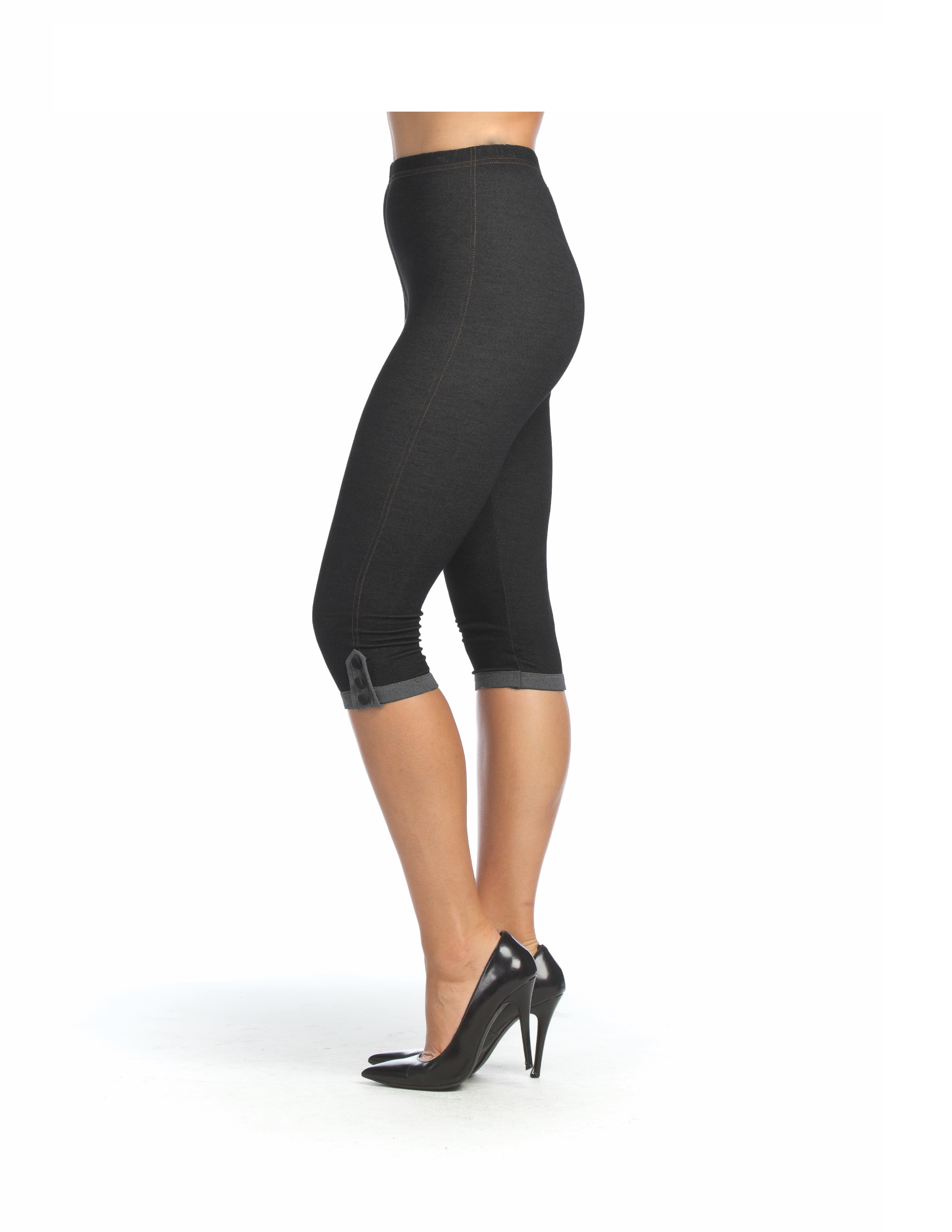 BLACK Denim Look Capri Leggings with Contrast Side Button