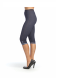 INDIG Denim Look Capri Leggings with Contrast Side Button