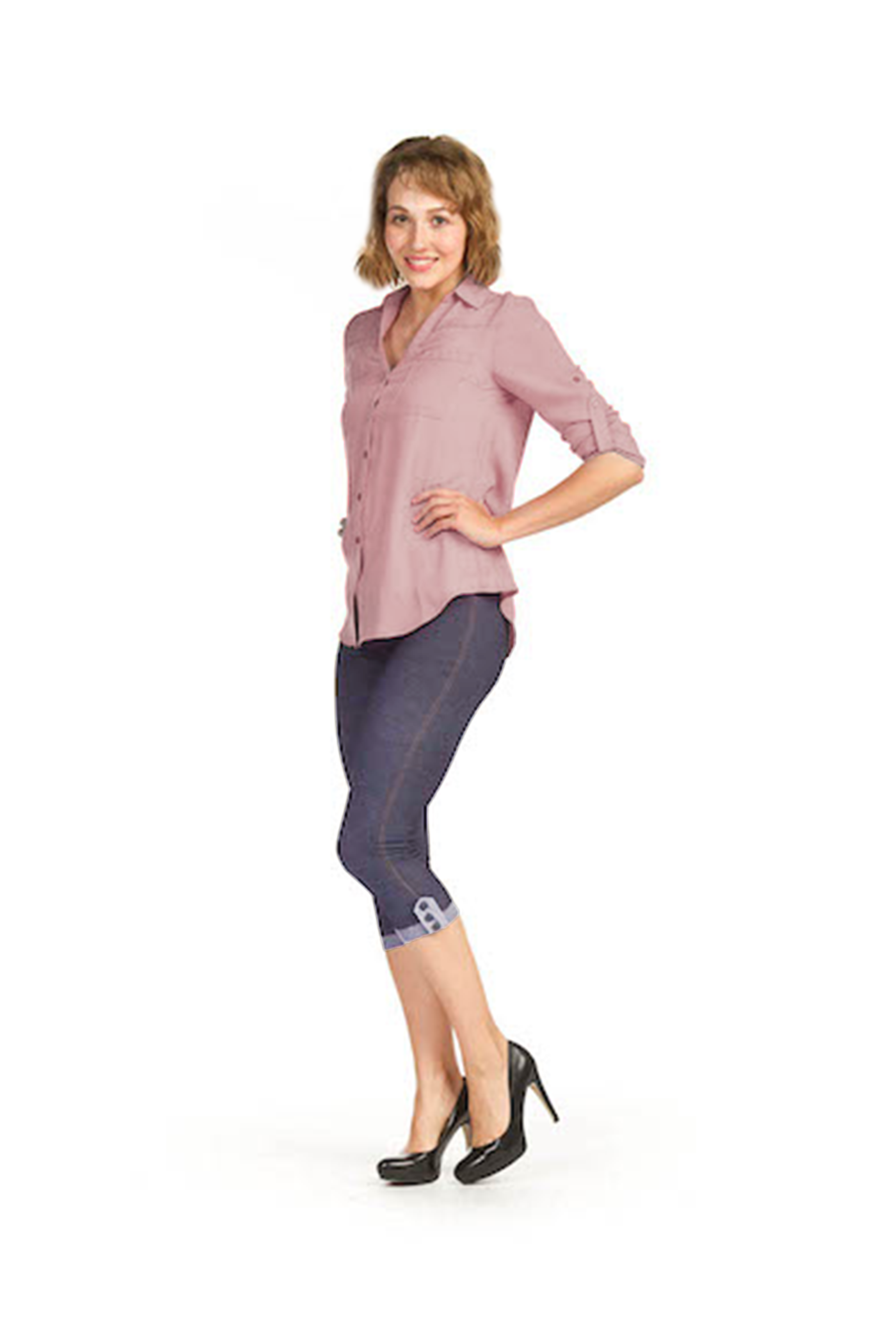 INDIG Denim Look Capri Leggings with Contrast Side Button