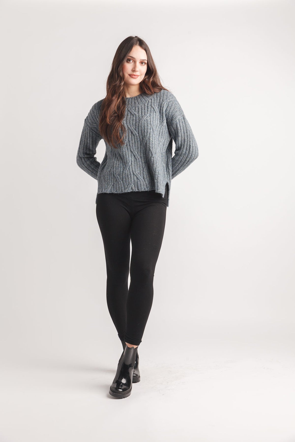 Blue Cable Knit Drop Shoulder Sweater
