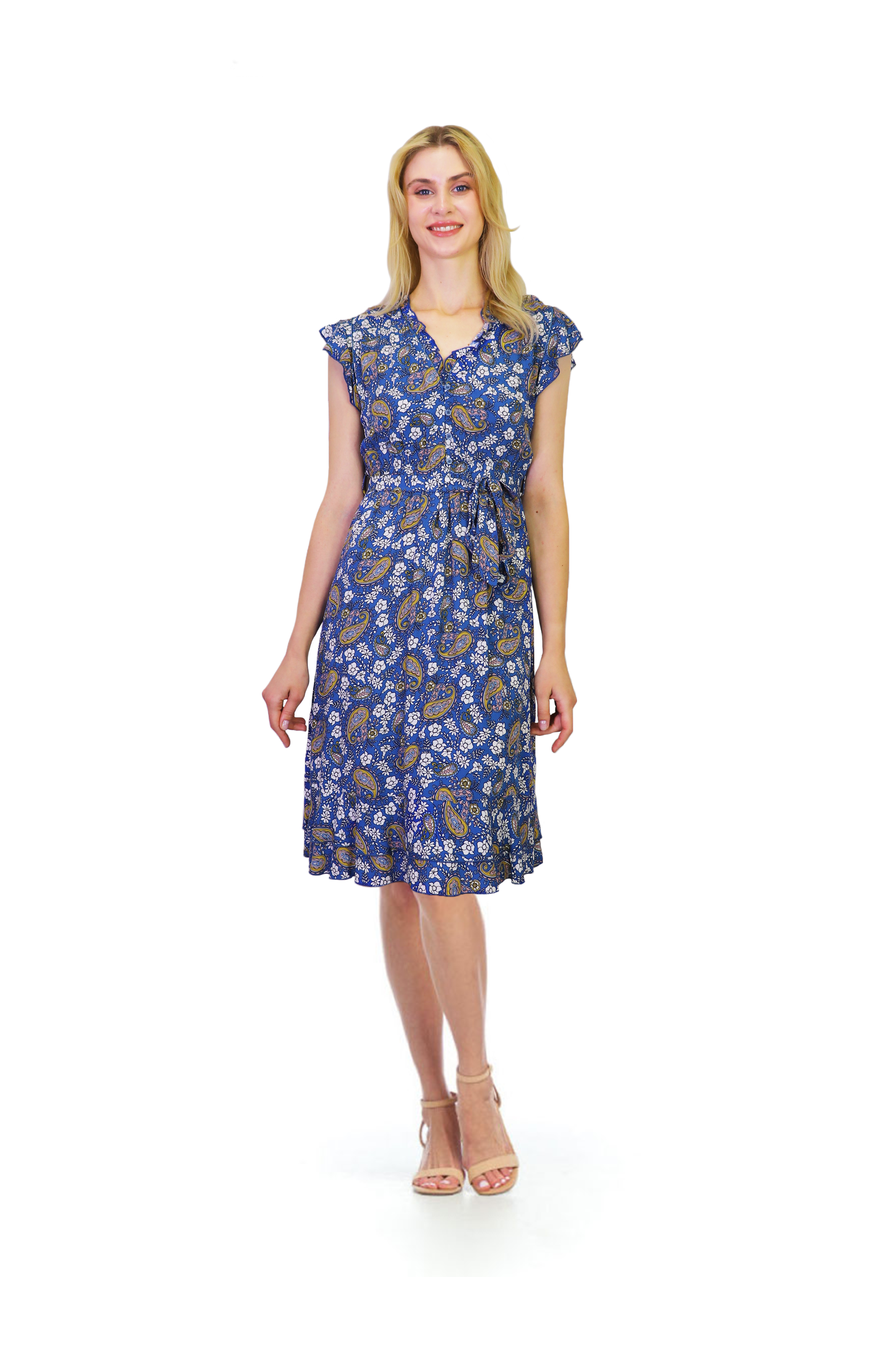 BLUE Paisley Henley Dress with Elastic Waist