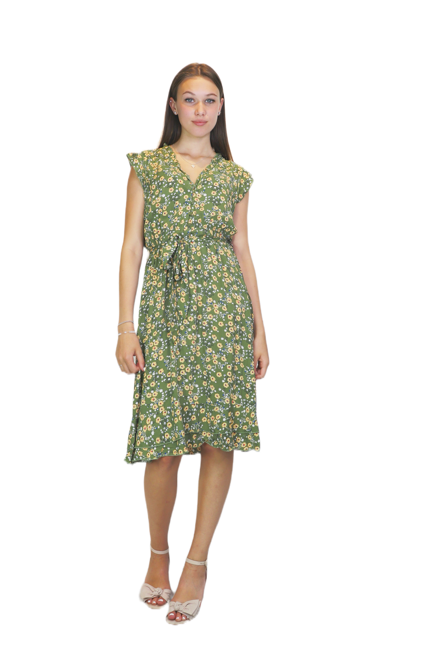 GREEN Floral Henley Dress with Elastic Waist