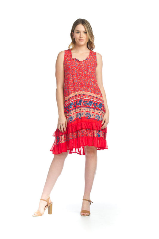 RED Border Print Ruffle Dress