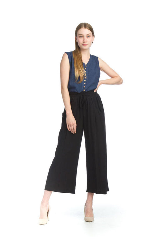 BLACK Linen Blend Elastic Hem Pants with Pockets