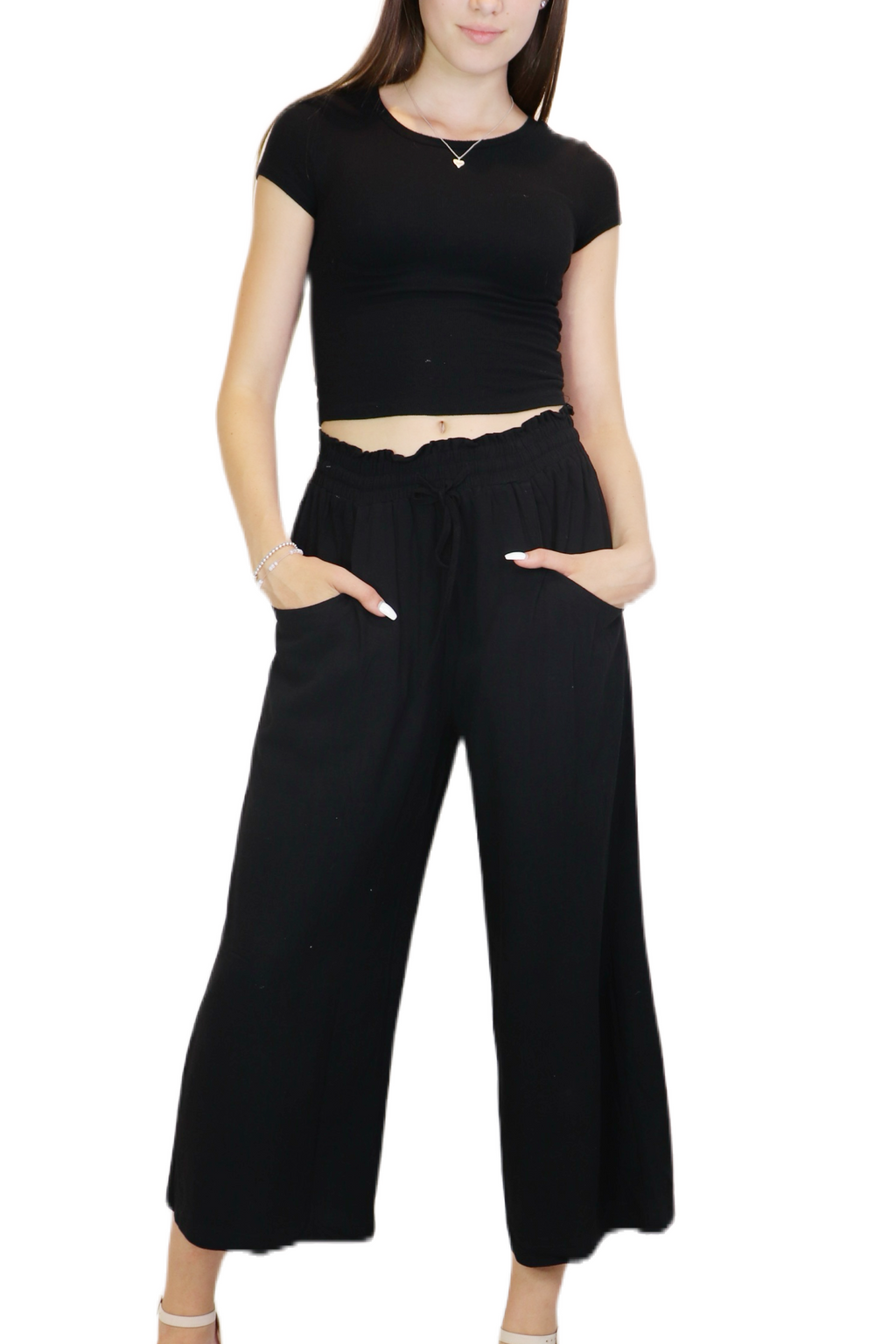 BLACK Linen Blend Elastic Hem Pants with Pockets