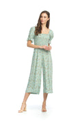 GREEN Floral Smocked Jumpsuit with Puff Sleeves