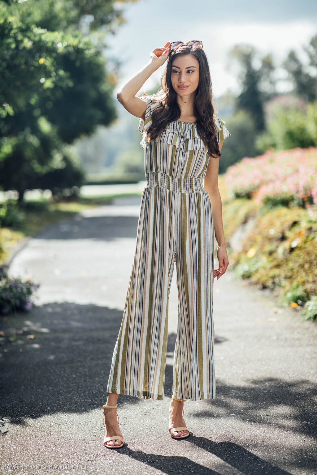 GREEN Striped OTS Jumpsuit with Pockets