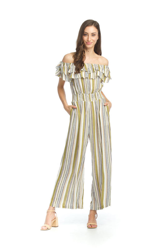 GREEN Striped OTS Jumpsuit with Pockets