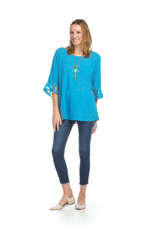 BLUE Cotton Blouse w Lace Sleeves