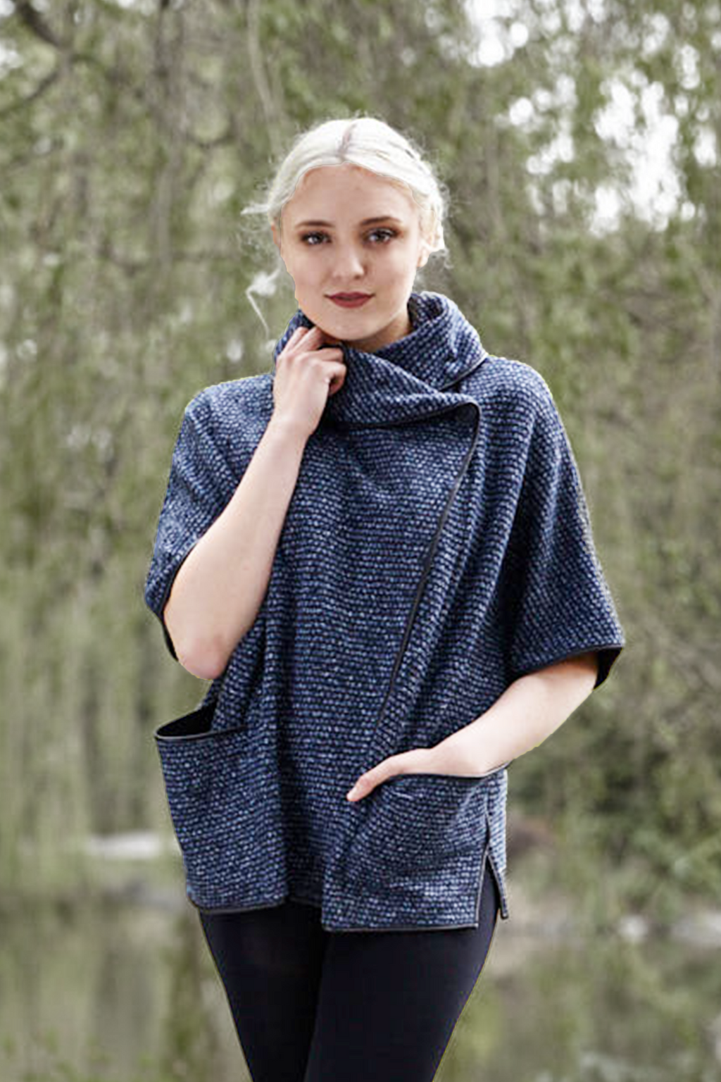 Blue Textured Cape w PU Trim