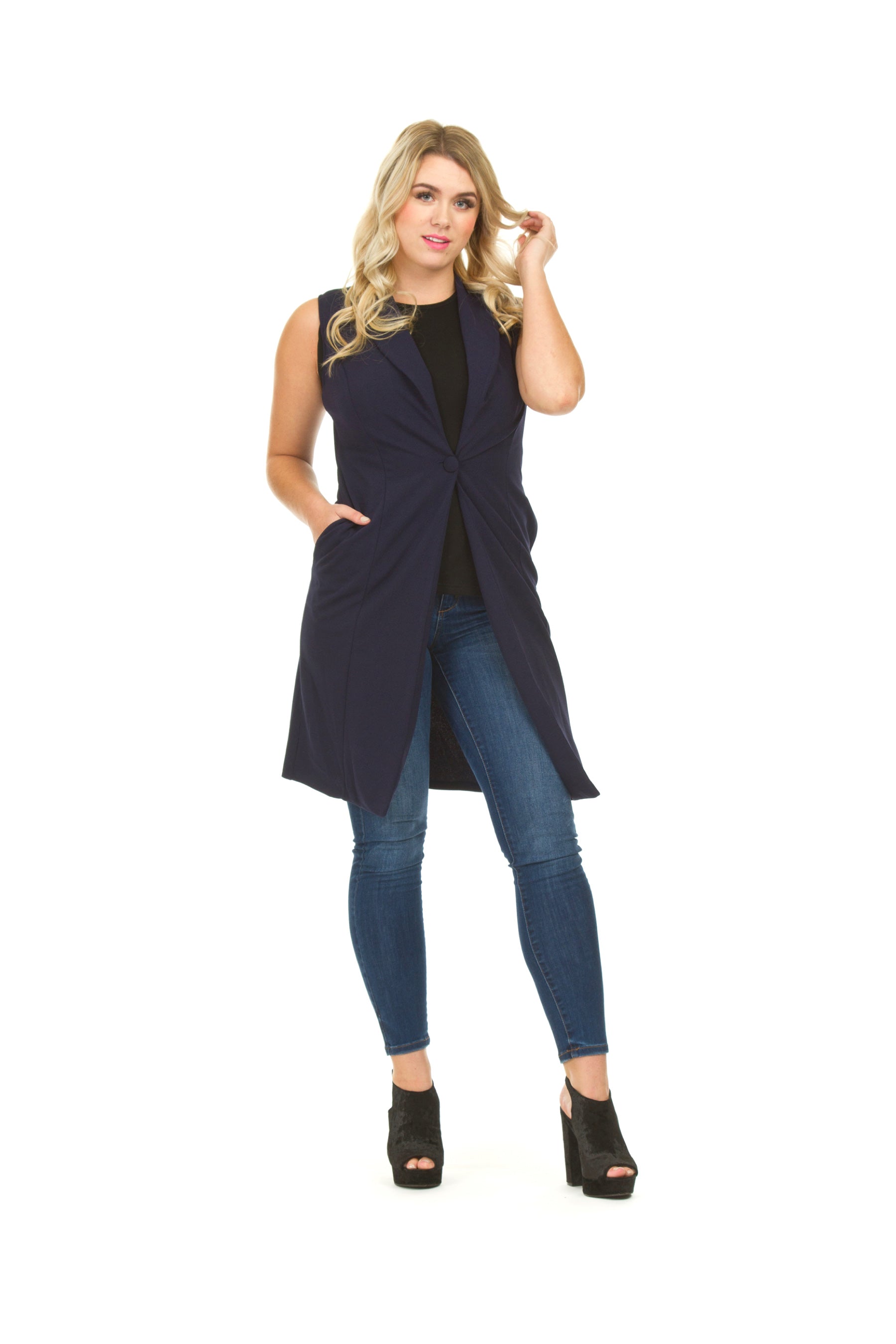 NAVY Solid Sleeveless Vest Jacket