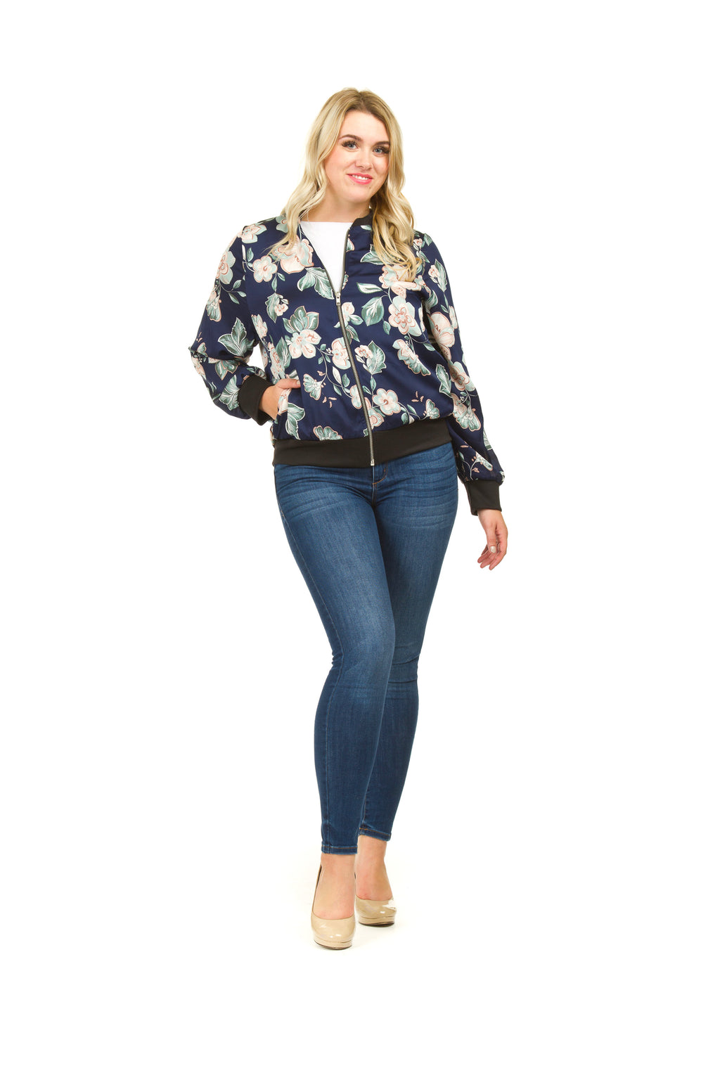 Navy Floral Print Bomber Jacket