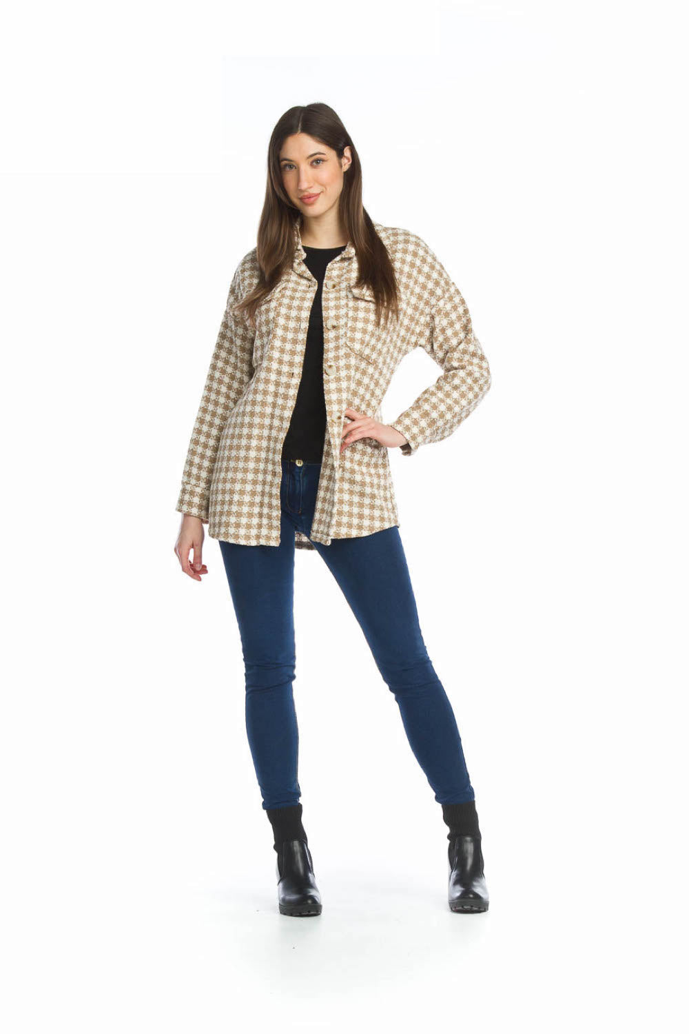 Camel Houndstooth Tweed Shacket