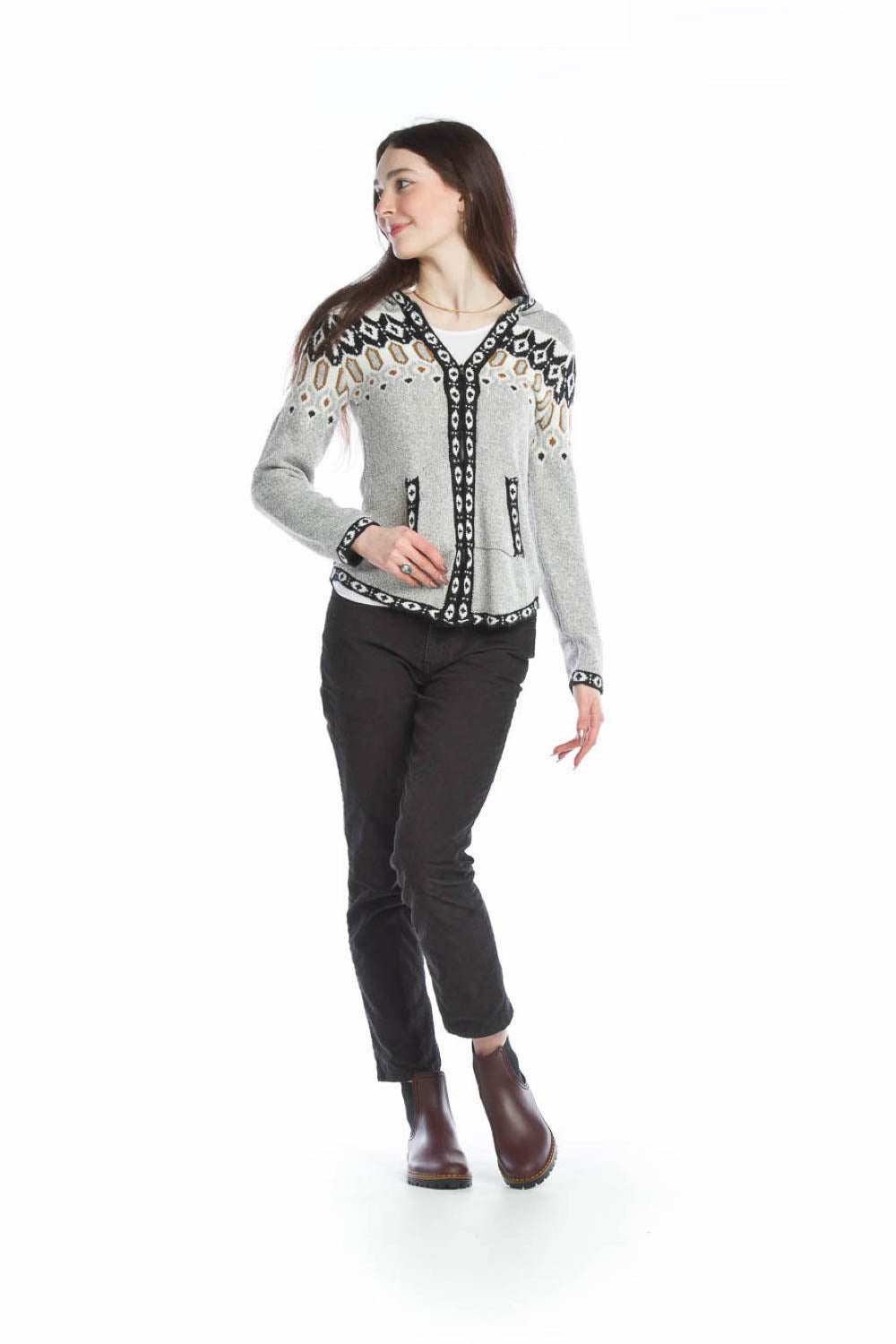 grey Fairisle Knit Zip Up Hooded Jacket