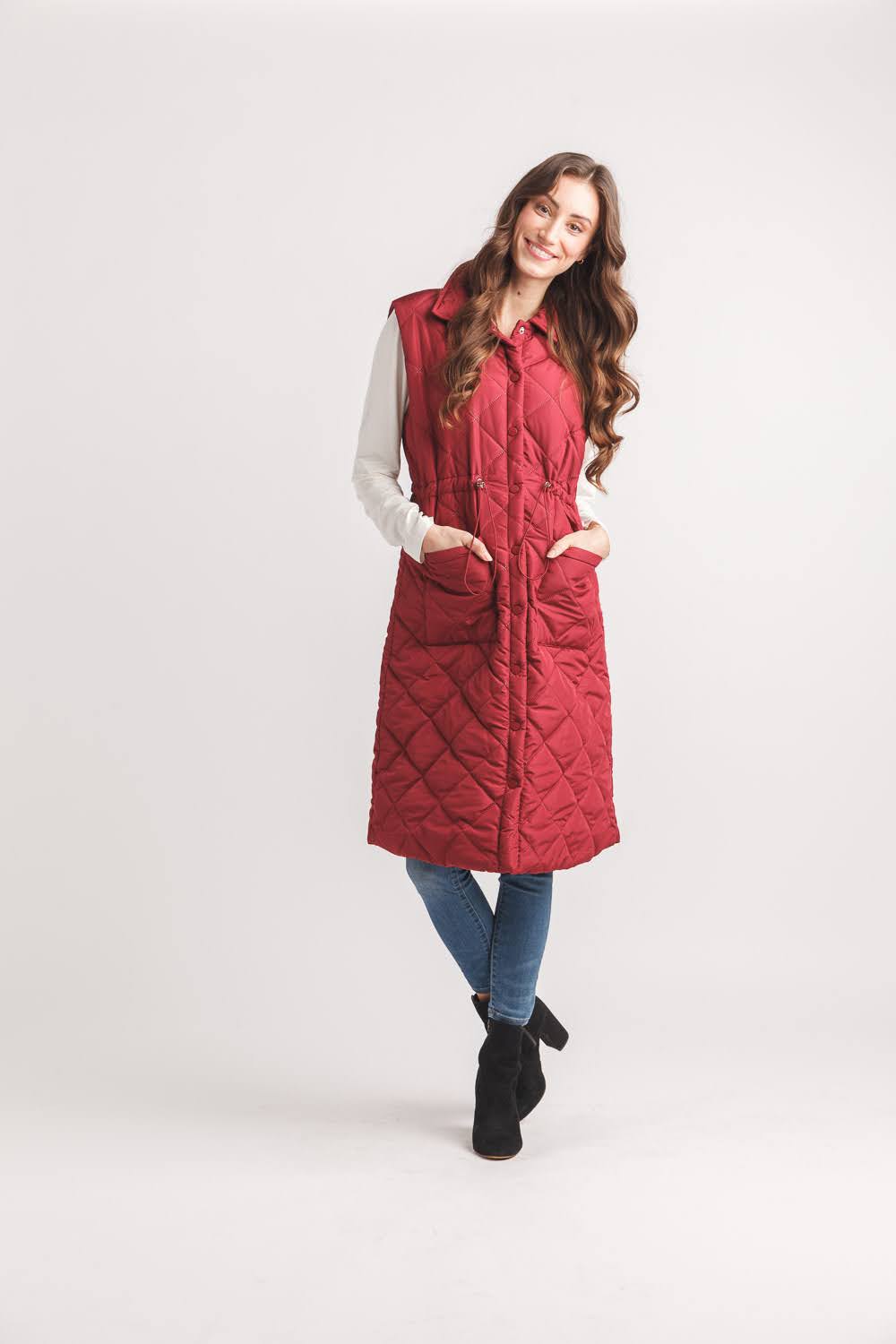 Collared Quilted Vest with Drawstring Waist and Pockets