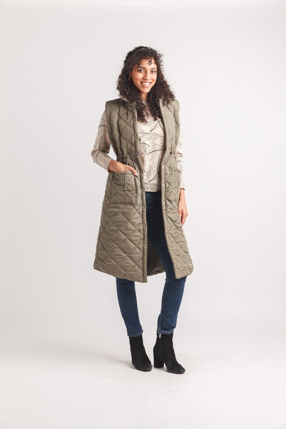 Collared Quilted Vest with Drawstring Waist and Pockets