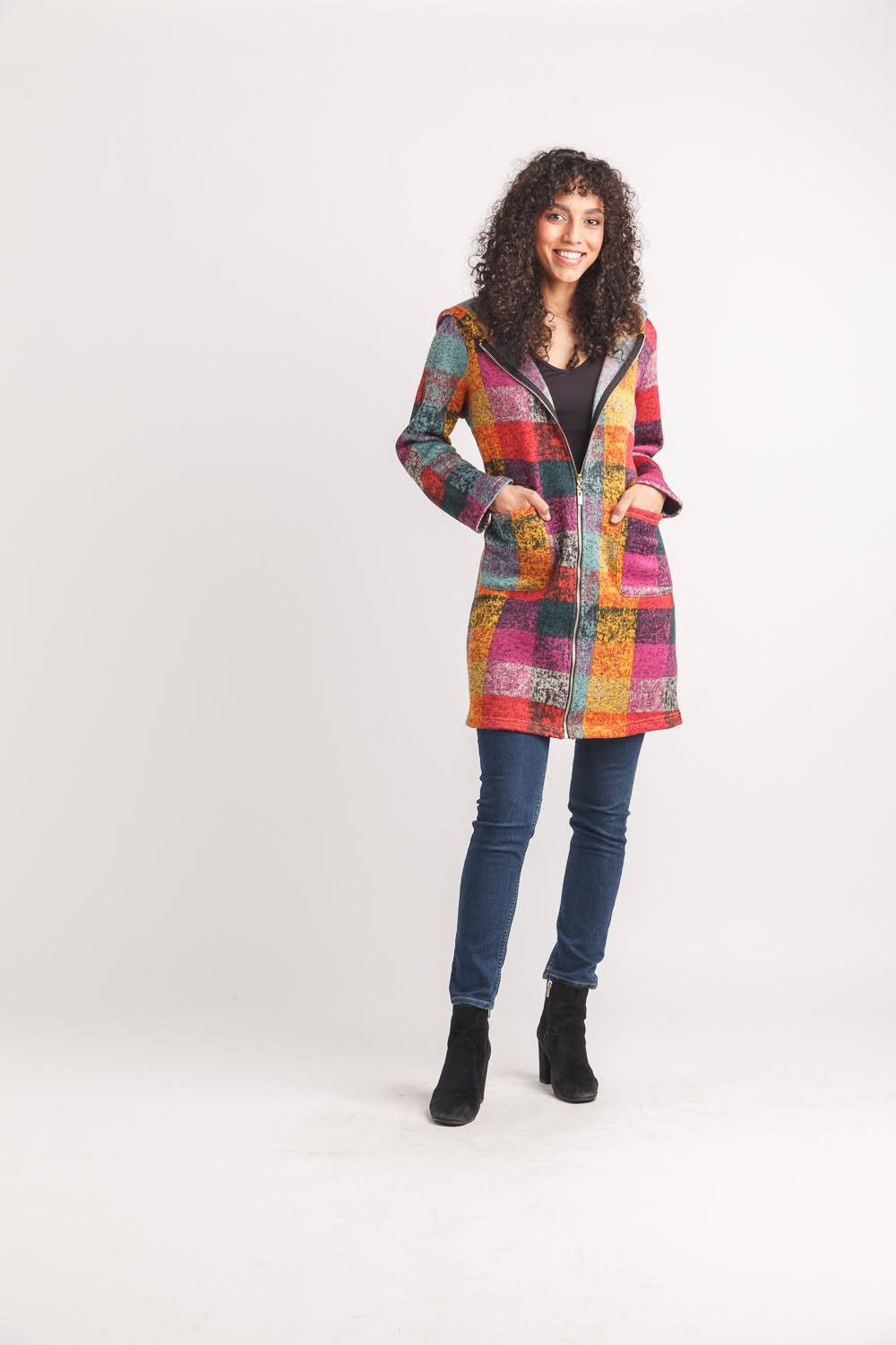 Knit Plaid Hooded Jacket with Pockets