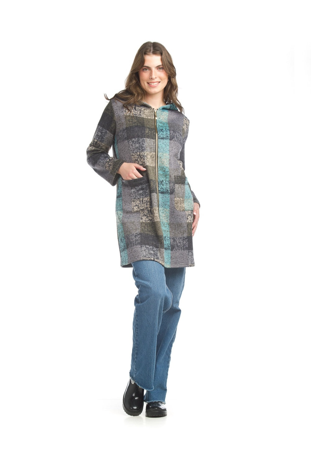 Knitted Multicolor Plaid Jacket With Zip & Pockets