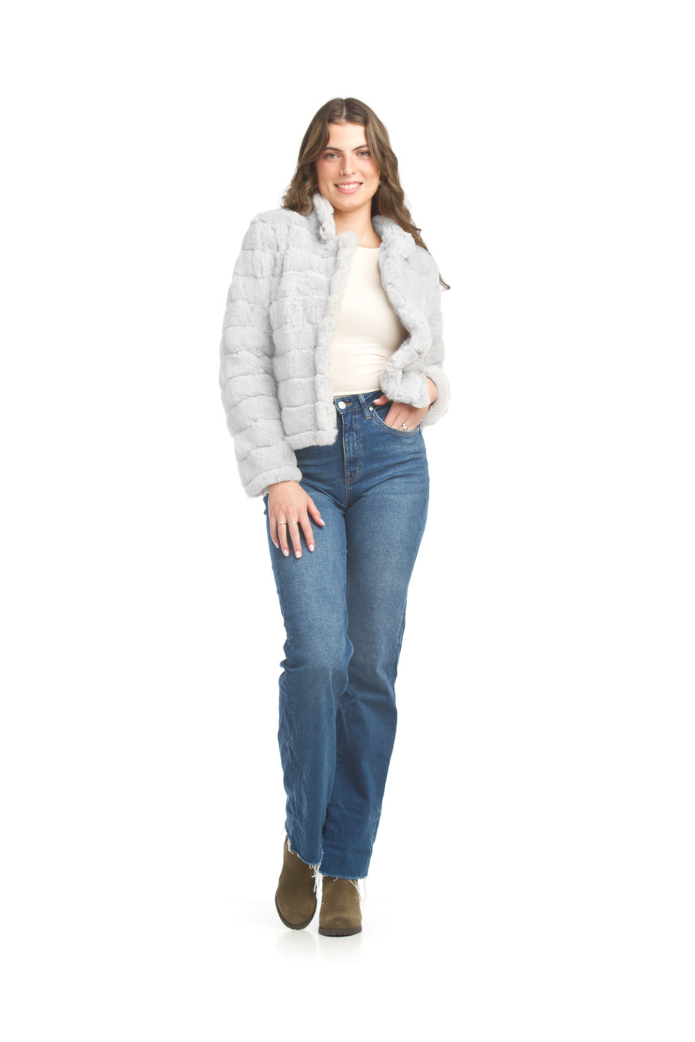Cropped Faux Fur Collared Jacket With Pockets