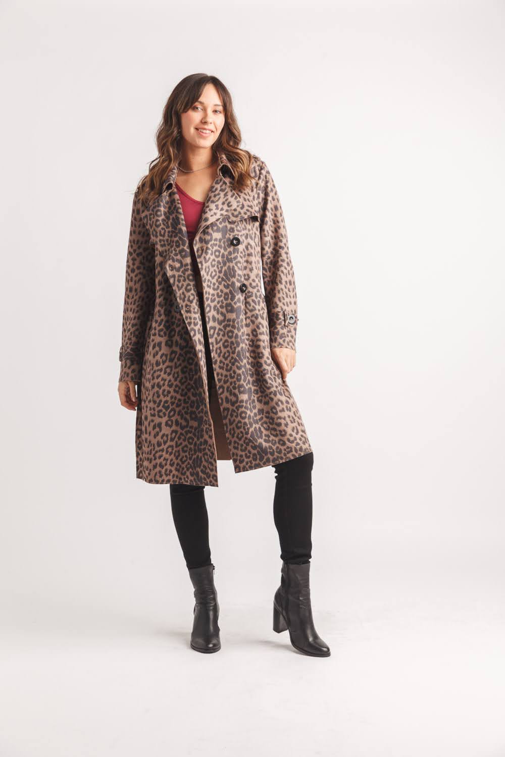 Faux Suede Animal Print Trench Coat with Pockets