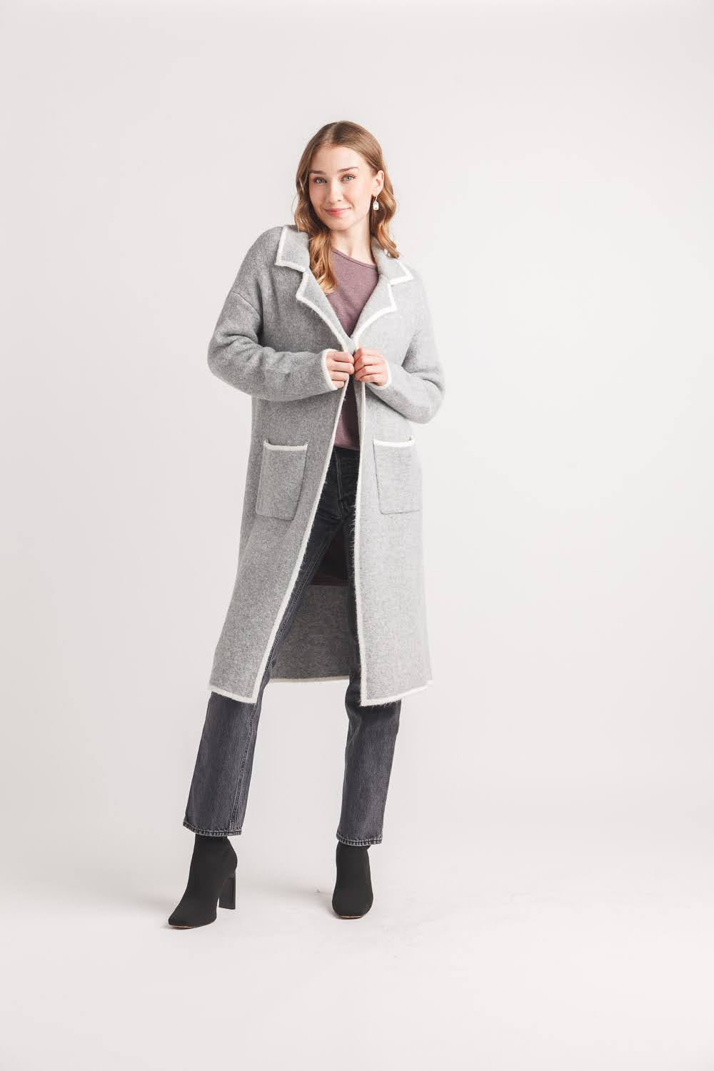 Knit Lapel Coatigan with Contrast Trim and Pockets