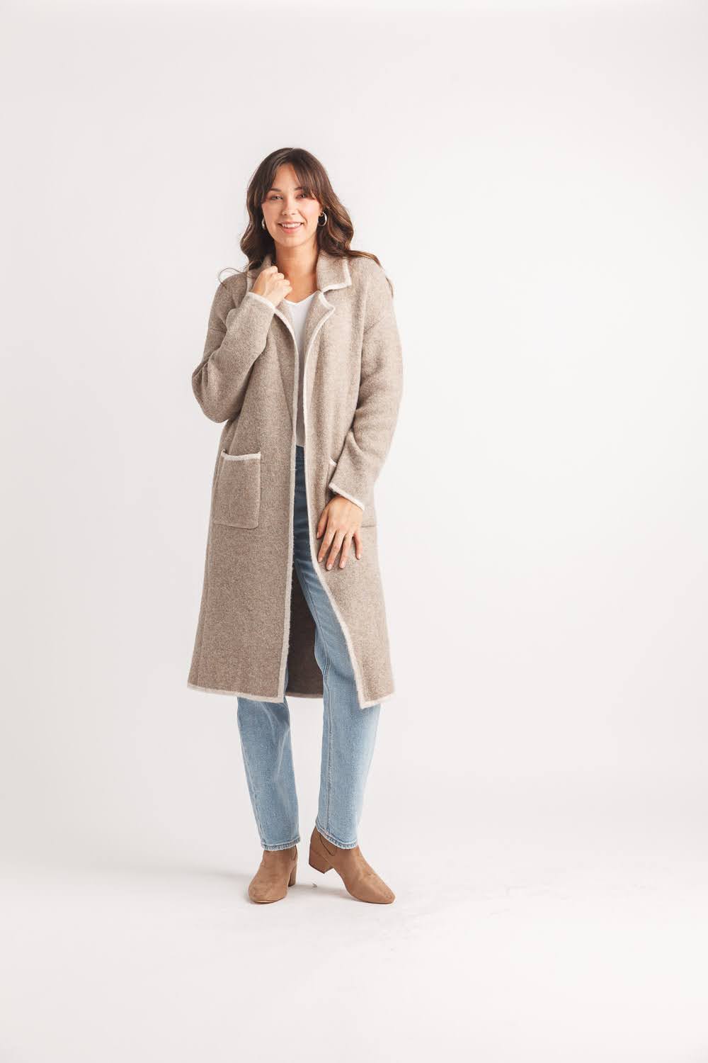 Knit Lapel Coatigan with Contrast Trim and Pockets