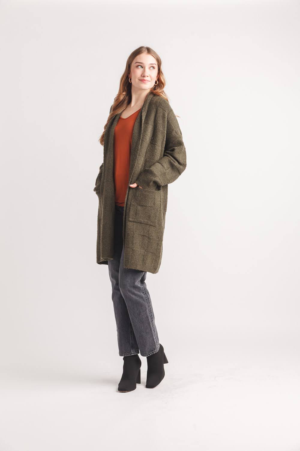Check Knit Coatigan with Pockets