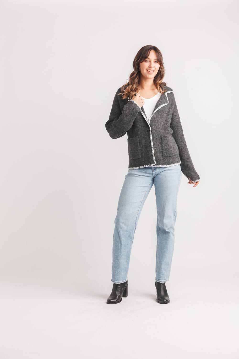 Knit Lapel Coat with Contrast Trim and Pockets