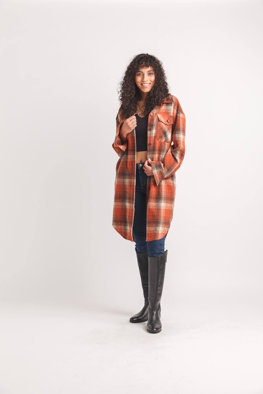 Plaid Long Shacket with Pockets