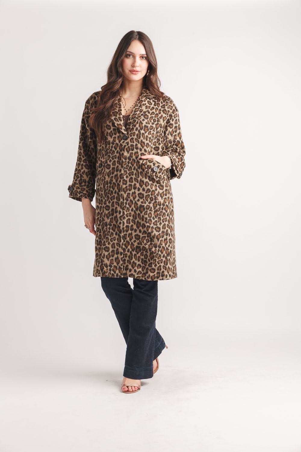 Leopard Print Lapel Coat with Pockets