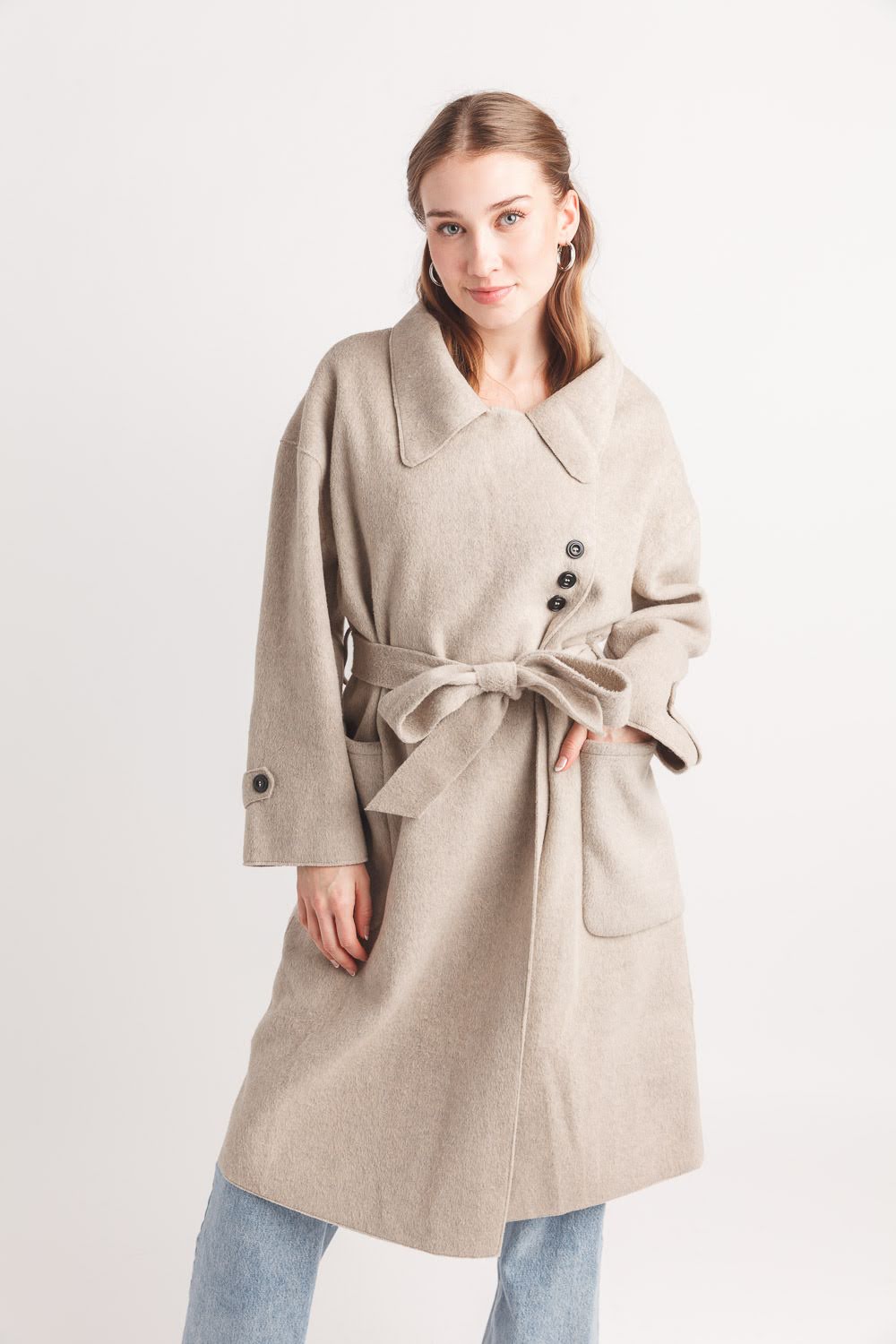 Soft Trench Style Coat with Pockets and Button Detail