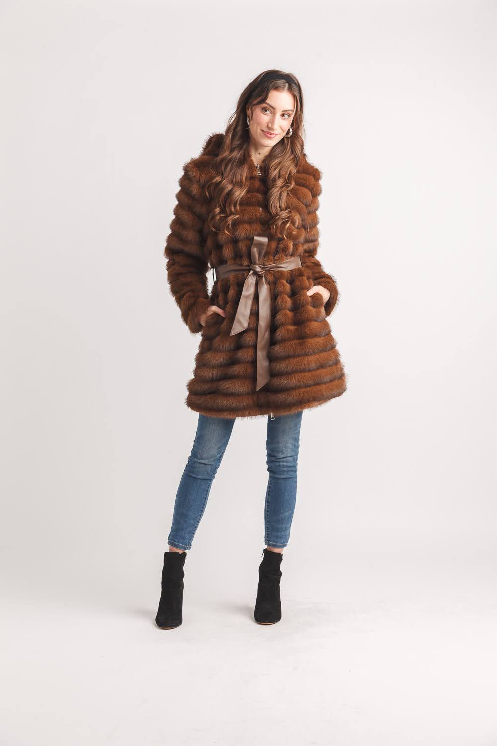 Faux Fur Hooded Zip Coat with Faux Fur Leather Tie Belt
