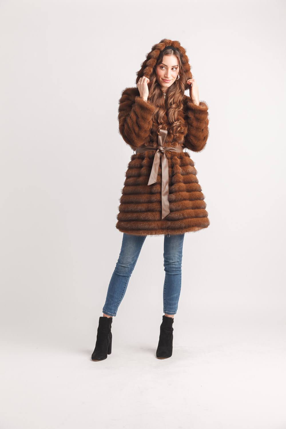 Faux Fur Hooded Zip Coat with Faux Fur Leather Tie Belt