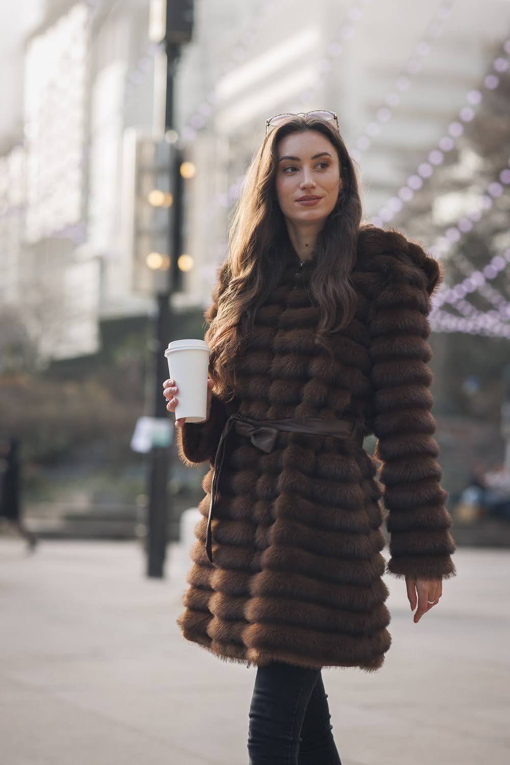 Faux Fur Hooded Zip Coat with Faux Fur Leather Tie Belt