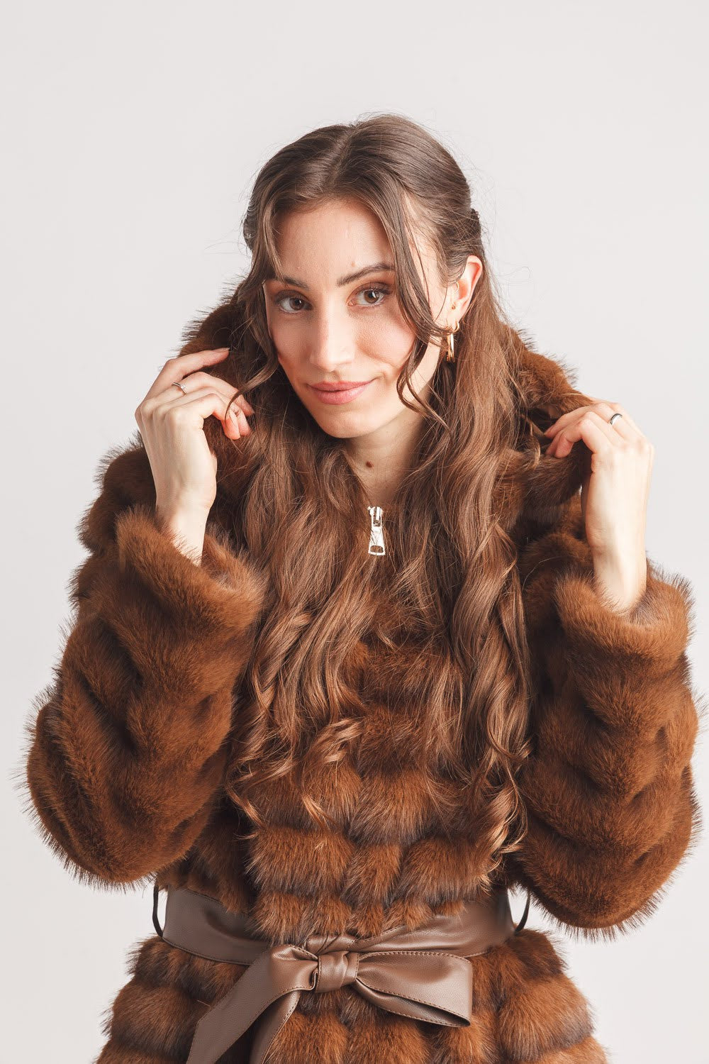 Faux Fur Hooded Zip Coat with Faux Fur Leather Tie Belt