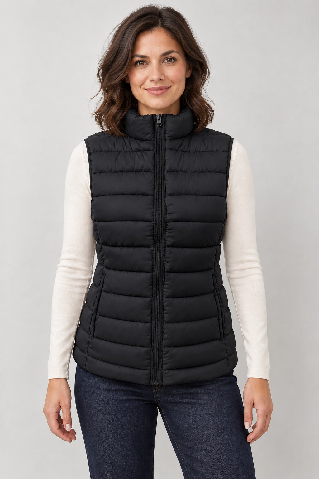 Black Puffer Vest with Pockets - front view