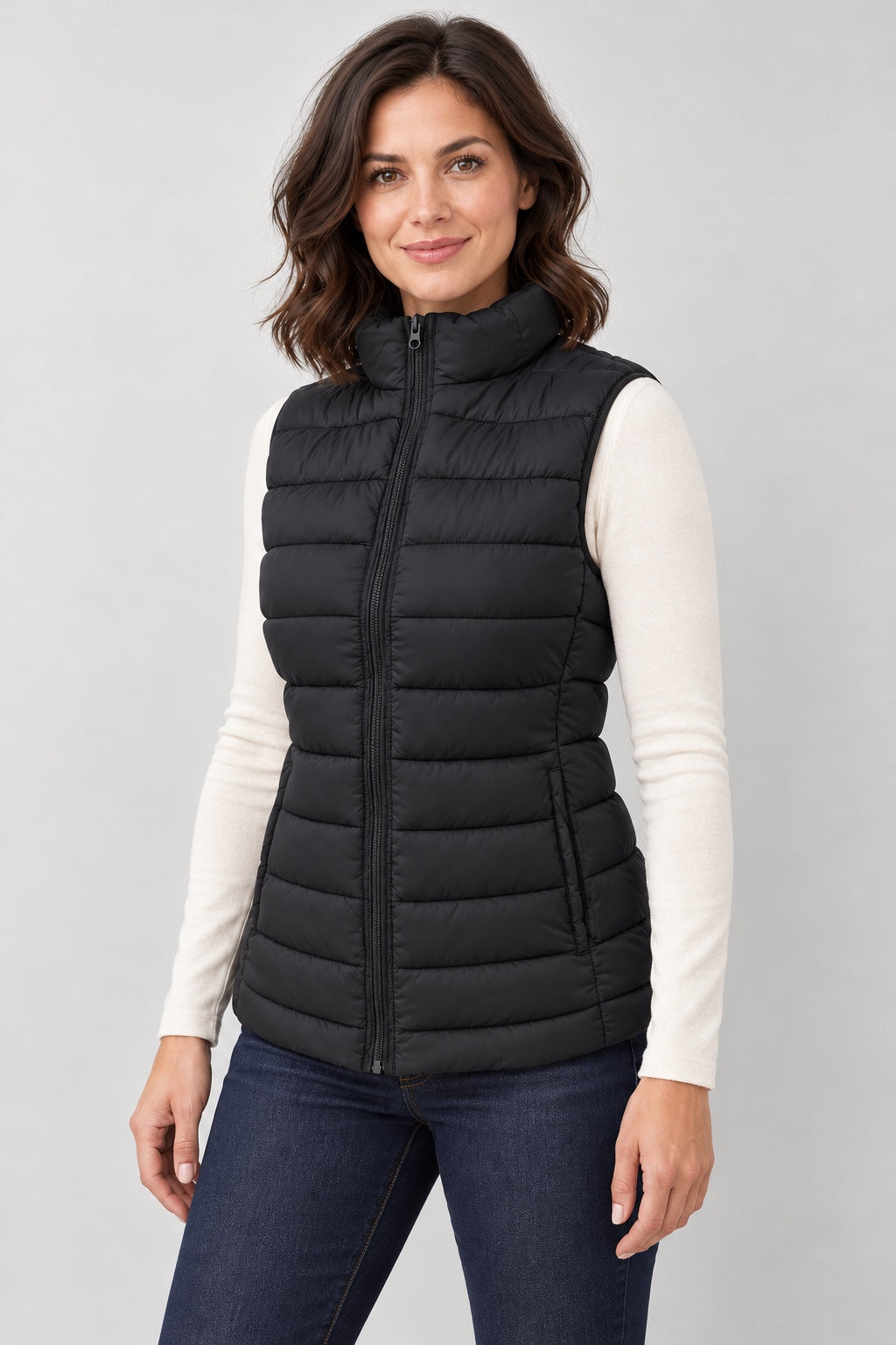 Black Puffer Vest with Pockets - three-quarter view