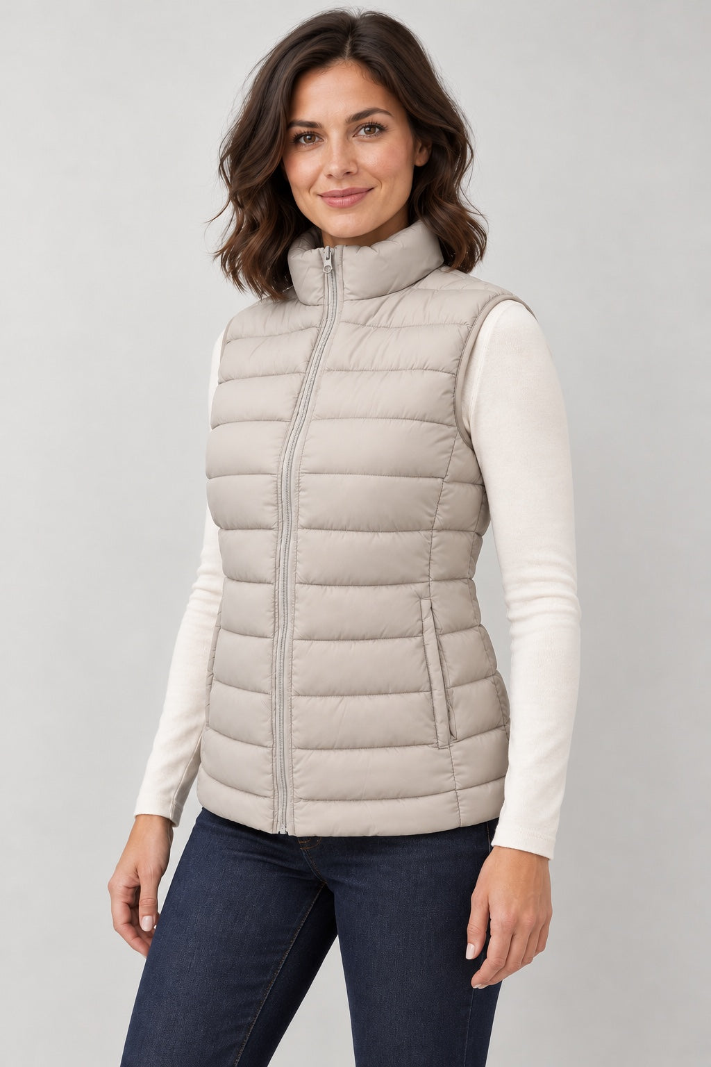 Oat Puffer Vest with Pockets - three-quarter view
