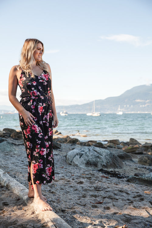 Black Floral Wrap Style Jumpsuit